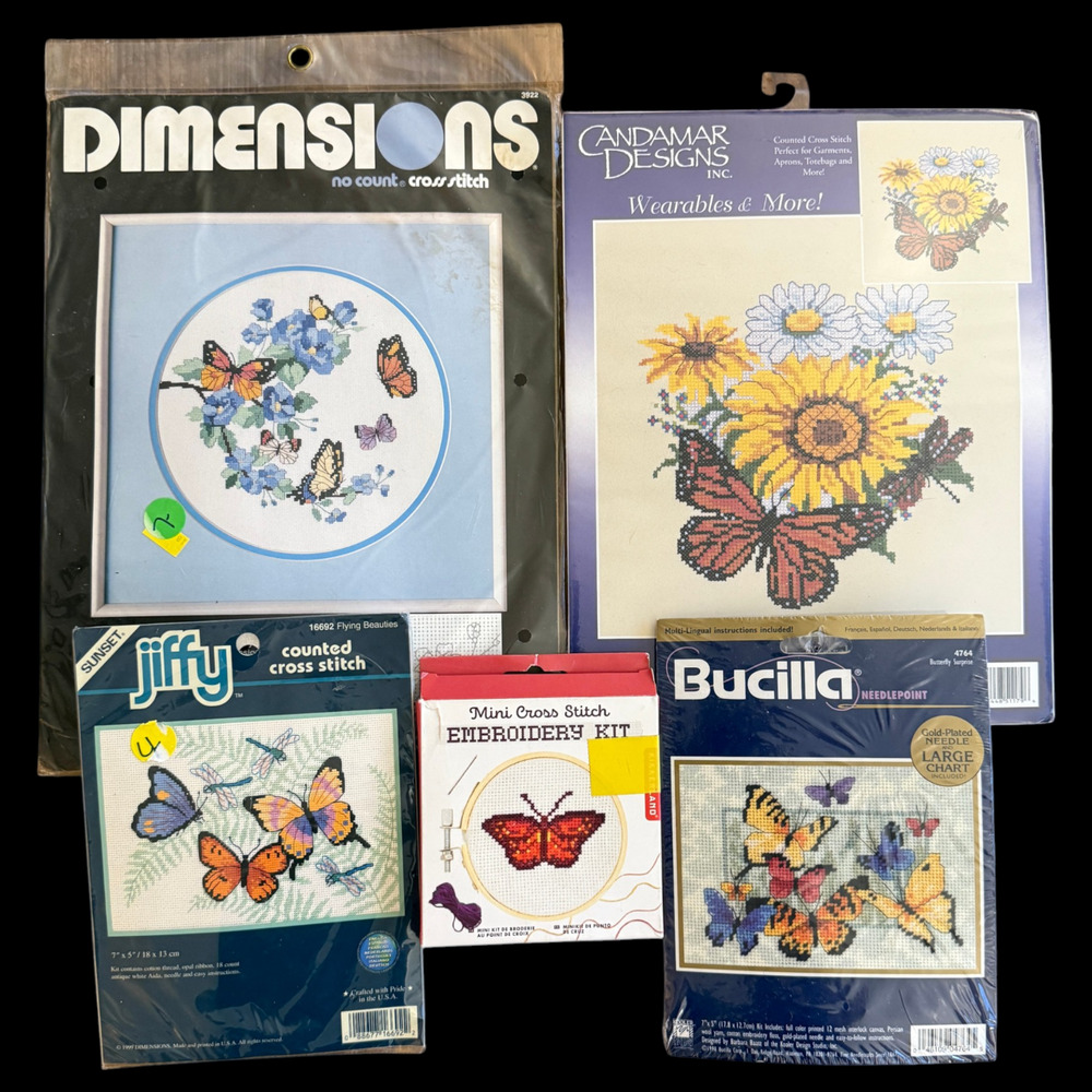 Lot of 5 Butterflies Cross Stitch Kits Floral Dimensions Bucilla Boho NIP Sealed
